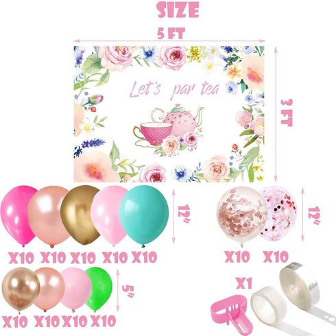 115 Pcs Let's Par Tea Party Supplies 5x3 FT Tea Time Photography Backdrop Floral Tea Balloons Arch Garland Kit for Teapot Teacups High Tea Themed ...