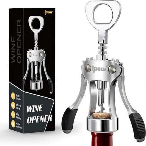 IPOW Wine Opener, Zinc Alloy Wine Bottle Opener, Wing Corkscrew Heavy Duty, Manual Multifunctional Cork Screw for Waiter, Silver...