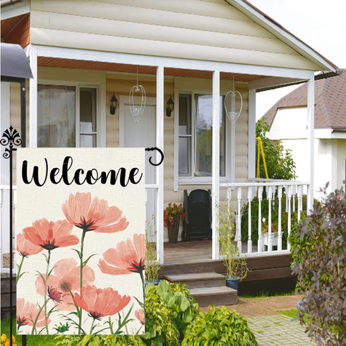 Spring Garden Flag Yard Flags for Outside Welcome Spring Garden Flags 12x18 Double Sided Pink Floral Burlap Garden Flag Decorative Flags for Outsi...