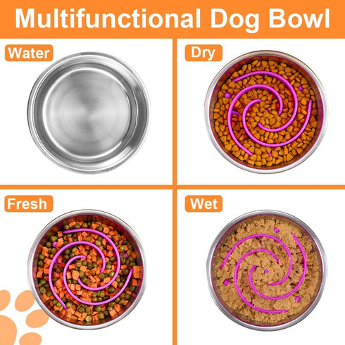 2-in-1 Metal Dog Bowl with Slow Feeder Insert, Stainless Steel Dog Bowls Food Grade 304, Water Food Bowl with Anti-Slip Silicone Base for Small & ...