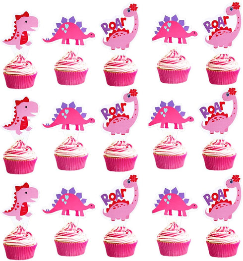 48pcs Pink Dinosaur Cupcake Toppers Baby Shower Birthday Decorations for Girl Dinosaur Party Supplies Dinosaur Cake Topper...
