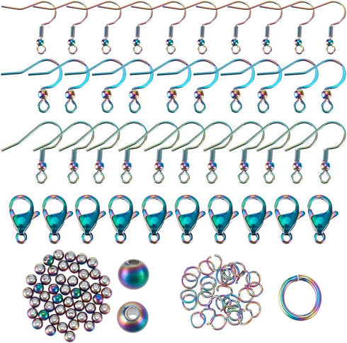 PH PandaHall 120pcs Rainbow Color Earring Making Kit 3 Sizes Fish Hook Ear Wire with Loop 304 Stainless Steel French Earring Hooks Lobster Claw Cl...