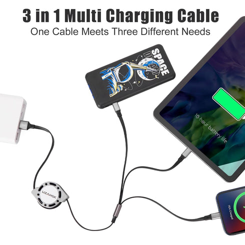 2Pack 4ft Multi-USB Charger Cable Retractable 3-in-1 Multi-Charging Cable Adapter with Type-C/IP/Micro USB Port Connector, Compatible with Cell Ph...