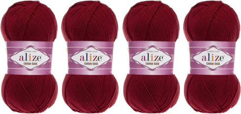 55% Cotton 45% Acrylic Yarn Alize Cotton Gold Thread Crochet Hand Knitting Art Lot of 4skn 400 gr 1444 yds (390-Cherry)......