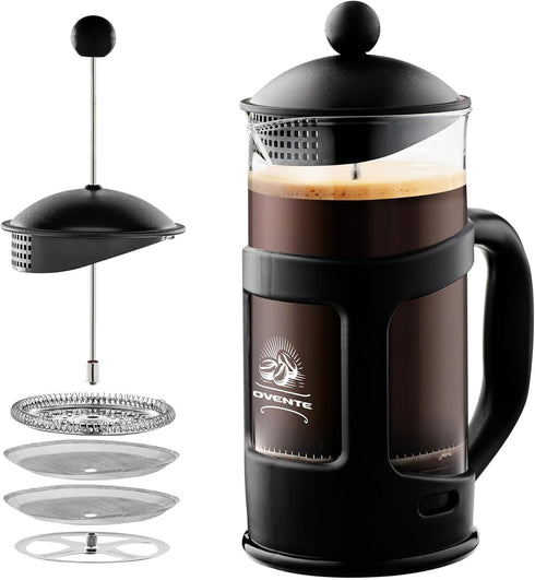 OVENTE French Press Coffee Maker 12 Ounce with Heat Resistant Borosilicate Glass & Stainless Steel 4-Level Filtration System, Portable Cold Brew C...