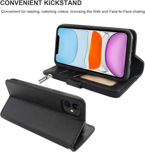 KIHUWEY Compatible with iPhone 12 Compatible with iPhone 12 Pro Wallet Case Leather Zipper with Card Holder and Wrist Strap,Kickstand and Protecti...