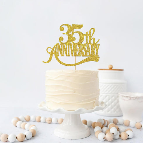 Gold Glitter 35th Anniversary Cake Topper - for Happy 35th Wedding Anniversary / 35th Birthday Party/Cheers to 35 Years Party Decorations...