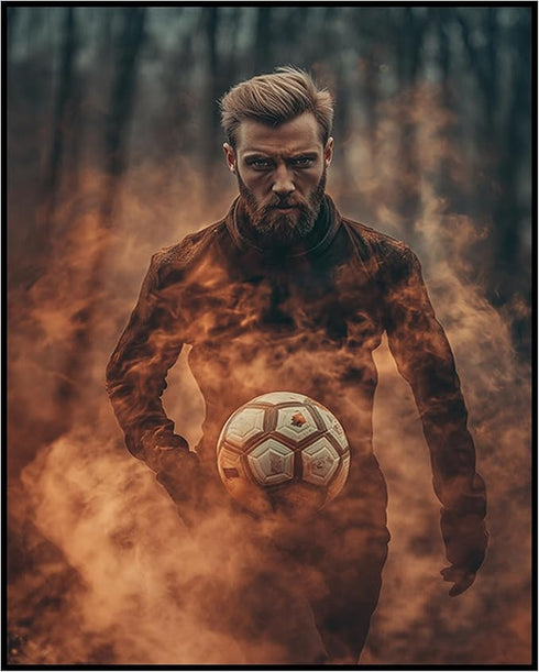 Posterizer 1 pcs-Footballer soccer player with a fiery aura, symbolizing determination-Sports & Hobby Art Gifts for sports fans Decor for Home & O...