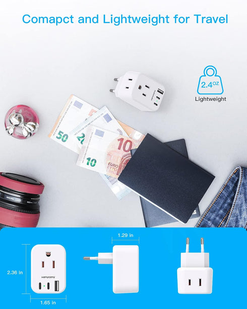 European Travel Plug Adapter USB C, International Plug Adapter, US to Europe Plug Adapter with 2 Outlets 3 USB Ports(2 USB C), Type C Power Adapte...