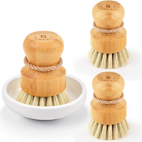 Bamboo Dish Scrub Brushes by Subekyu, Kitchen Wooden Cleaning Scrubbers Set for Washing Cast Iron Pan/Pot, Natural Sisal Bristles, Set of 3...