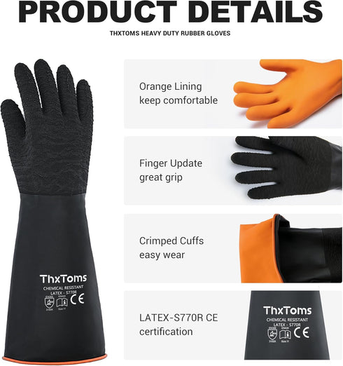 ThxToms Heavy Duty Rubber Gloves, Versatile Latex Chemical Resistant Gloves, Upgraded with Anti-Slip Design, Soft and Thick, 22" 1 Pair...