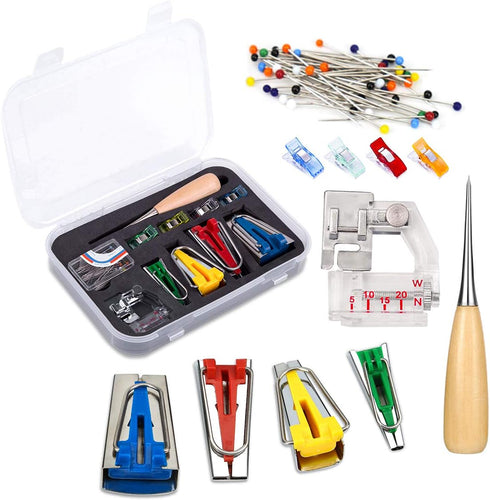 BUTUZE Fabric Bias Tape Makers Kit with Sewing Awl, Positioning Pin, Adjustable Binder Clip,Wooden Awl,Foot Press -Practical Bias Tape Maker Set f...