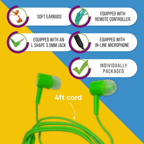 10 Pack Multi Color Kid's Wired Microphone Earbud Headphones, Individually Bagged, Disposable Earbuds with Mic Ideal for Students in Classroom Lib...