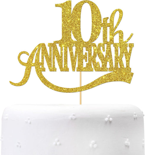 Gold Glitter 10th Anniversary Cake Topper - Happy 10th Wedding Anniversary / Birthday Party Decorations...