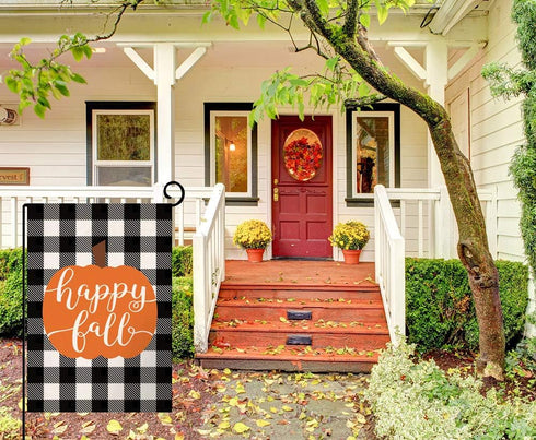 Happy Fall Pumpkin Thanksgiving Garden Flag Vertical Double Sided Farmhouse Autumn Buffalo Check Burlap Yard Outdoor Decor 12.5 x 18 Inches (13419...