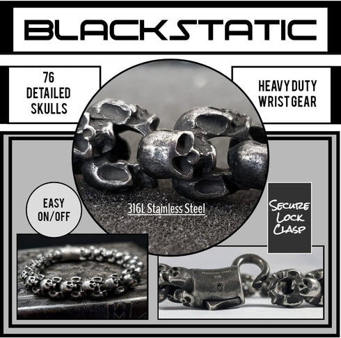 Skull Bracelet - BLACKSTATIC Collection - Premium Men's Vintage Punk Stainless Steel Biker Skull Bracelet....