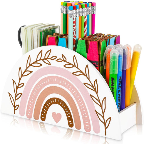 Back to School Rainbow Pencil Pen Holder Boho White Pink Wooden Pen Organizer Desktop Pen Container for Makeup Brushes Crayon Office Student Teach...