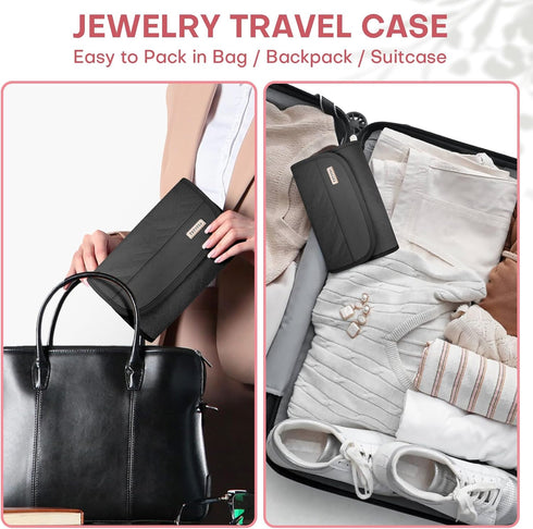 Travel Jewelry Roll Organizer Case - Women Portable Jewellery Storage Foldable Pouch for Necklace Earring Bracelets, Black...