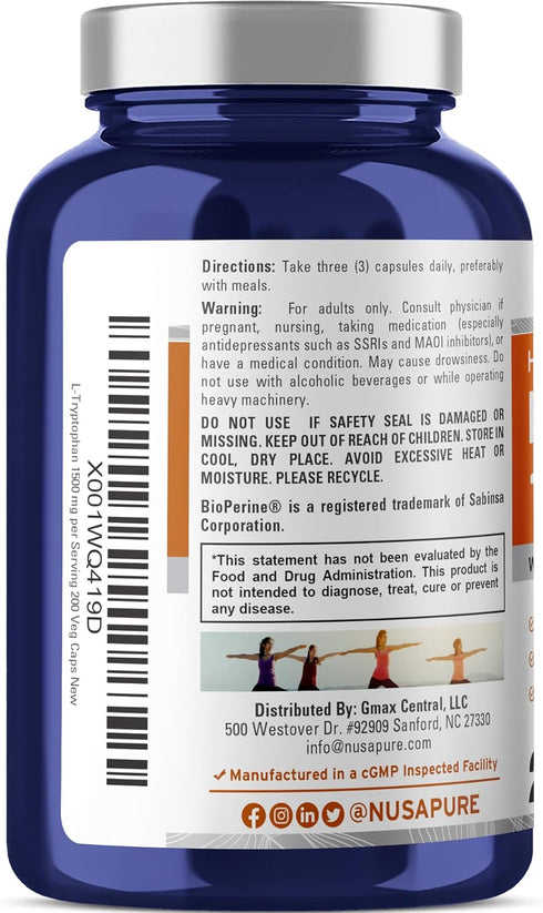 NusaPure L-Tryptophan 1500mg 200 Vegetarian Caps (Non-GMO, Vegan) Bioperine...