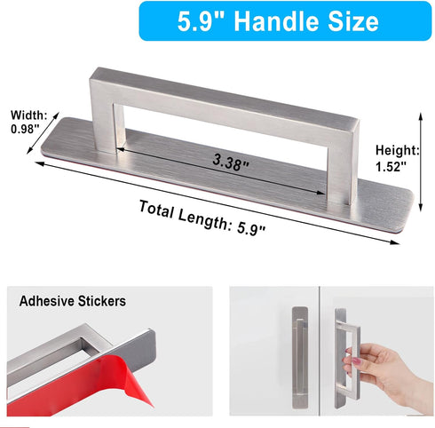Self-Stick Adhesive Cabinet Handles - 6" Stainless Steel No-Drilling Easy Installation Handles for Cabinet Door Window Drawer & Refrigerator Micro...
