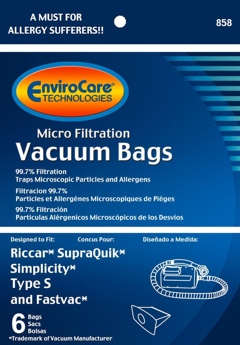 EnviroCare Replacement Micro Filtration Vacuum Cleaner Dust Bags made to fit Riccar SupraQuik and Simplicity Type S and Fastvac 6 pack...
