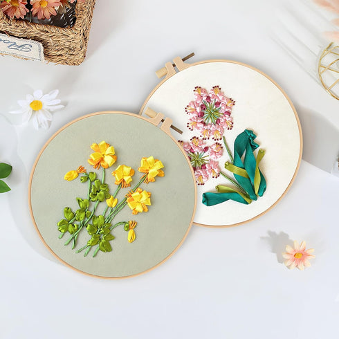 LOMOHOO 4 Sets Ribbon Flower Embroidery Kit for Beginners, Needlepoint Stamped Cross Stitch Starter Kits, Stitch Learning DIY Kit with Flower Patt...