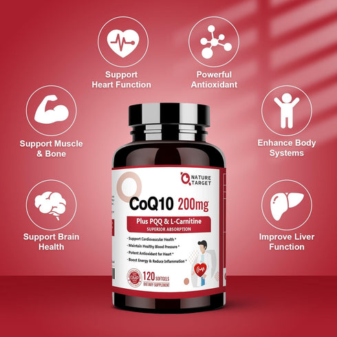 NATURE TARGET CoQ10-200mg with PQQ L-Carnitine & Omega-3s, High Absorption Coenzyme-Q10 with BioPerine, Supports Heart and Immune System, Cellular...