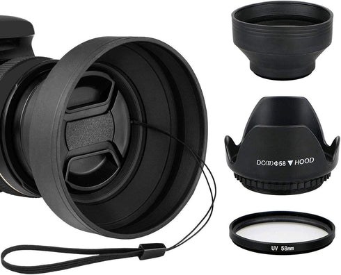 EEEkit 58mm Hard Lens Hood + 58mm Soft Lens Hood + 58mm UV Filter Lens Kit for Canon Rebel T7i T6S T6i T6 T5i T5 T4i T3i T3 T2i T1i XT XTi XSi SL1...