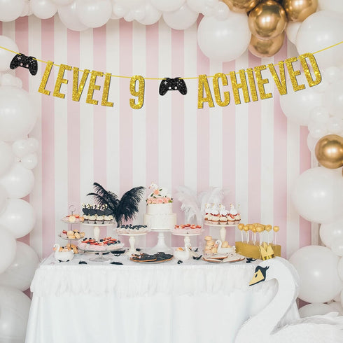 Level 9 Achieved Banner, Game on Level 9 Hanging Sign, Glittery Video Gamer Happy 9th Birthday Party Decorations...