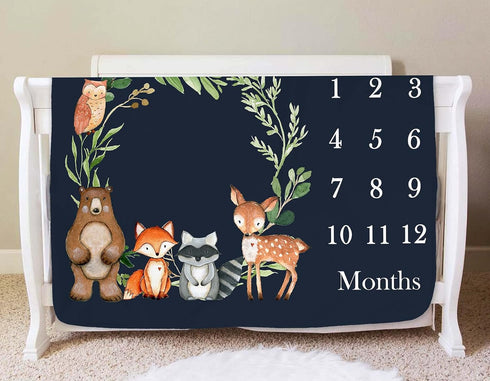 Woodland Baby Monthly Milestone Fleece Blanket, Black, 50x40, Includes Marker...