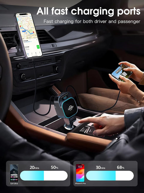 4-in-1 Retractable Car Charger - 96W Fast Car Phone Charger with Dual Retractable Cables (USB-C & iOS) and USB Ports, Compatible with iPhone 15/14...