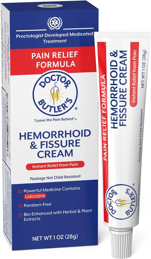 Doctor Butler's Hemorrhoid & Fissure Cream – Instant Pain Relief Hemorrhoid Treatment with Lidocaine, Fast Acting Hemorrhoid Cream for Relief from...