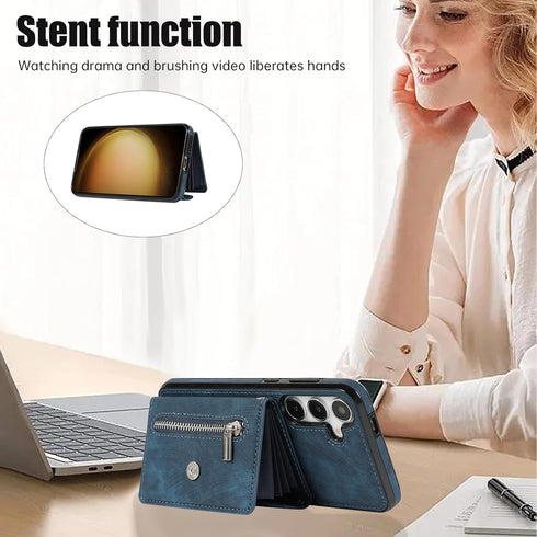 Phone Case for Samsung Galaxy S24 5G Wallet Cover and Tempered Glass Screen Protector with Wrist Crossbody Strap Lanyard Credit Card Holder Stand ...