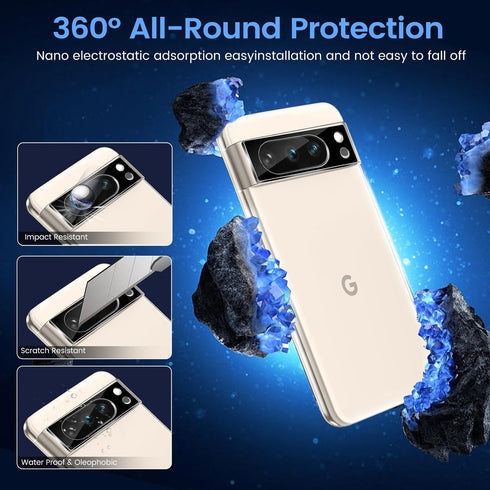 TQLGY 3 Pack Screen Protector for Google Pixel 8 Pro with 3 Pack Camera Lens Protector, 9H Tempered Glass Film, Fingerprint Unlock Compatible, Ult...