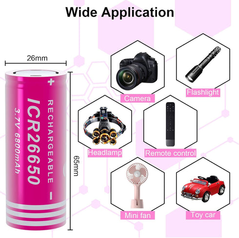 26650 Rechargeable Battery 3.7V 6800mAh Flat Top 2 Pack 26650 Batteries for LED Flashlight Headlamp...