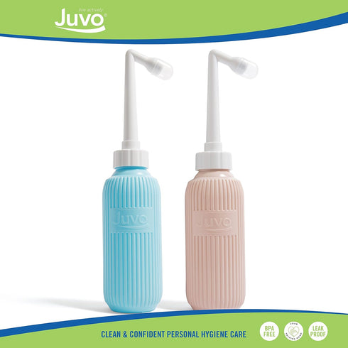 Juvo Peri Bottle Kit | Portable Travel Bidet, Handheld Squeeze Bottle with 2 Spray Nozzles, Cap and Storage Bag, Upside Down Use, 13.5 oz, Blue/Pi...