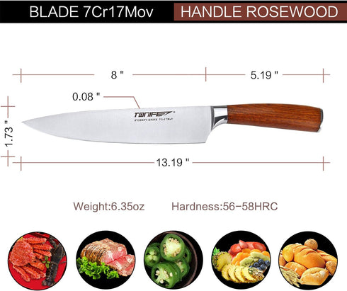 TONIFE 8-Inch Chef Knife with 7Cr17MoV High Carbon Stainless Steel Kitchen Knife with Natural Rosewood Handle...