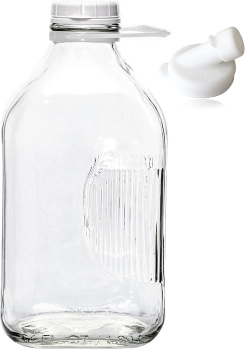 The Dairy Shoppe Heavy Glass Milk Bottle - Jug with Lid and Silicone Pour Spout - Clear Milk Container for Fridge - Reusable Glass Milk Jug Dispen...