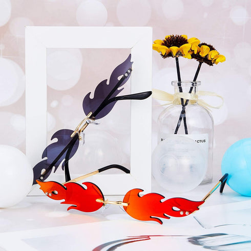 Fire Flame Sunglasses Rimless Flame Shaped Sun Glasses Wave Fire Shaped Glasses for Women Men Party Supplies Photo Props (2 Pairs, Red, Black and ...