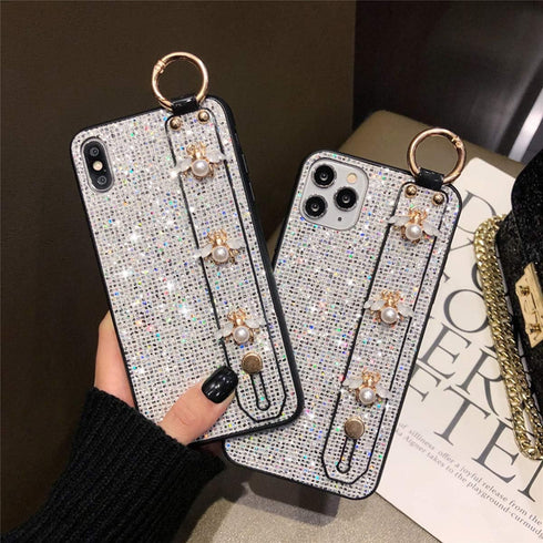 aowner iPhone 13 Pro Max Silver Glitter Bee Case with Stand, Strap & Diamond Wrist Bracket - 6.7 Inch, Shockproof...