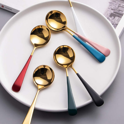 Metal Soup Spoons,Stainless Steel Spoons for Soup Round Colorful Dinner Spoons Thick Short handle Table Spoon 6.3-Inch, Set of 5 (Gold)...