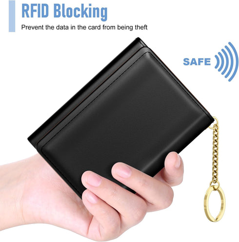 Women's Leather Wallet, RFID Blocking, Small Slim Trifold Wallet with 7 Card Slots & ID Window (Black)...