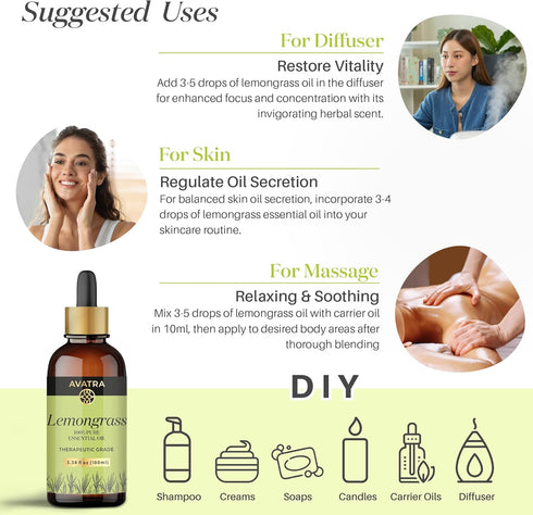 Avatra Lemongrass Essential Oil for Scalp, Skin, & Diffuser | Aromatherapy | Soaps & Candles | Pure & Natural Essential Oil- 3.38 Fl Oz...