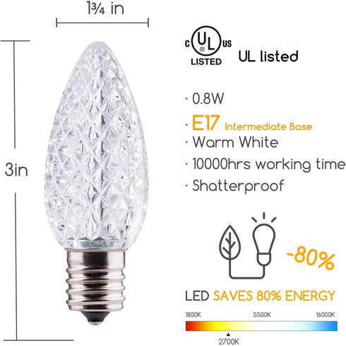 25 Pack C9 Led Replacement Christmas Light Bulb, C9 Shatterproof Led Bulb for Christmas String Light, E17 Intermediate Base, Commercial Grade Dimm...