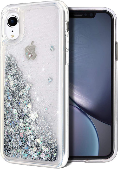 for iPhone XR Case, Double Layer Design Bling Flowing Liquid Floating Sparkle Colorful Glitter Waterfall TPU Protective Phone Case, Silver...