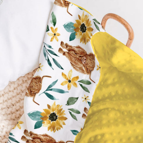 Highland Cow Sunflower Minky Baby Blanket Dotted Backing Girl Gift, Yellow Western Farm Animal Floral Double Layer Flannel Nursery Bed Blankets, S...
