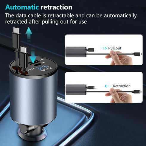 Paiholy 4 in 1 Retractable Car Charger,120W Super Fast Car Charger, Dual Type-C Retractable Cables and 2 USB Ports Car Charger Compatible with Sam...