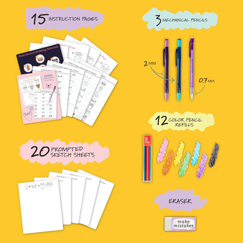 Fashion Angels Step-by-Step Learn to Draw Food Animals Portfolio - 30 Sheets, 3 Mechanical Pencils, 12 Color Refills, 1 Eraser - Instructional Kaw...