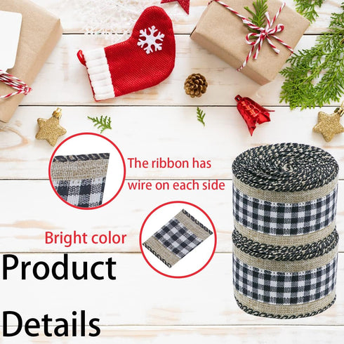 2 Rolls 8 Yards Buffalo Plaid Ribbons Burlap Wired Edge Plaid Ribbons 2 Inch Wide Check Gingham Fabric Craft Ribbon for Gift DIY Bows Home Party W...