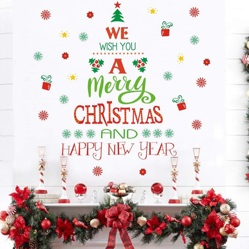 TOARTi Merry Christmas Quotes Wall Decals Happy New Year Quotes Stickers Christmas Tree Snowflake Stickers for Wall Christmas Party Supplies Chris...